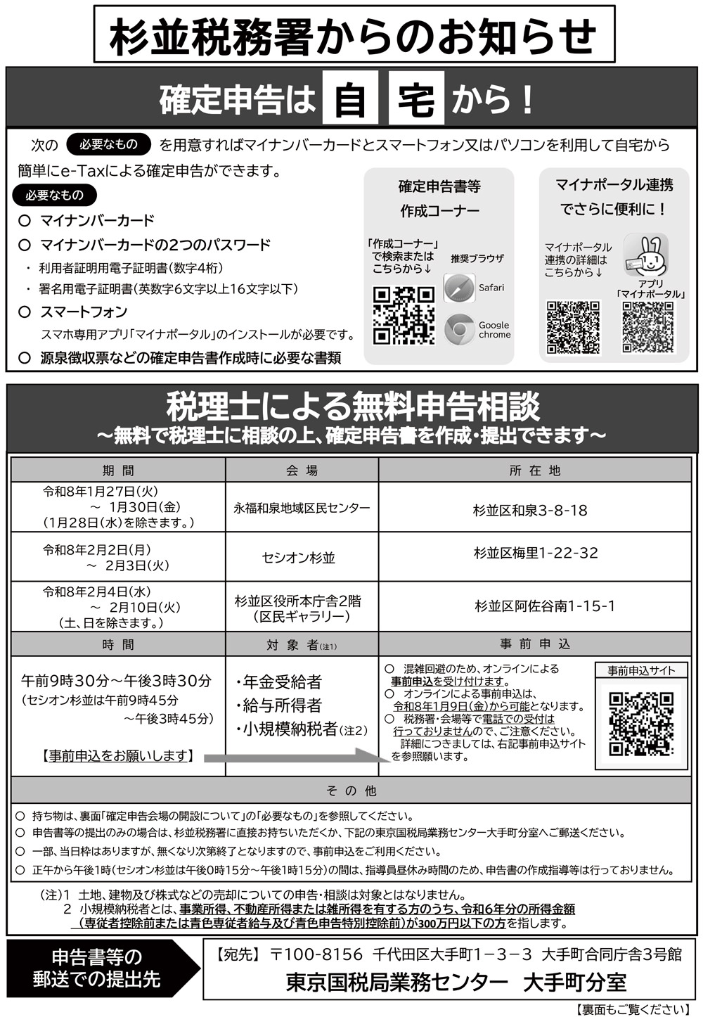 「杉並税務署からのお知らせ」税理士による無料申告相談、確定申告会場等のお知らせです